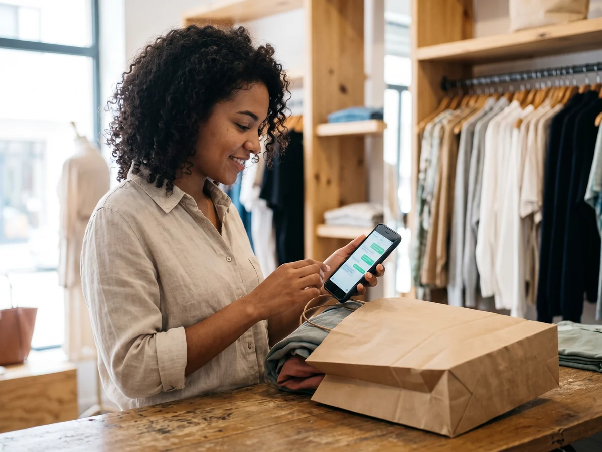Dueña de una tienda revisando pedidos en el celular