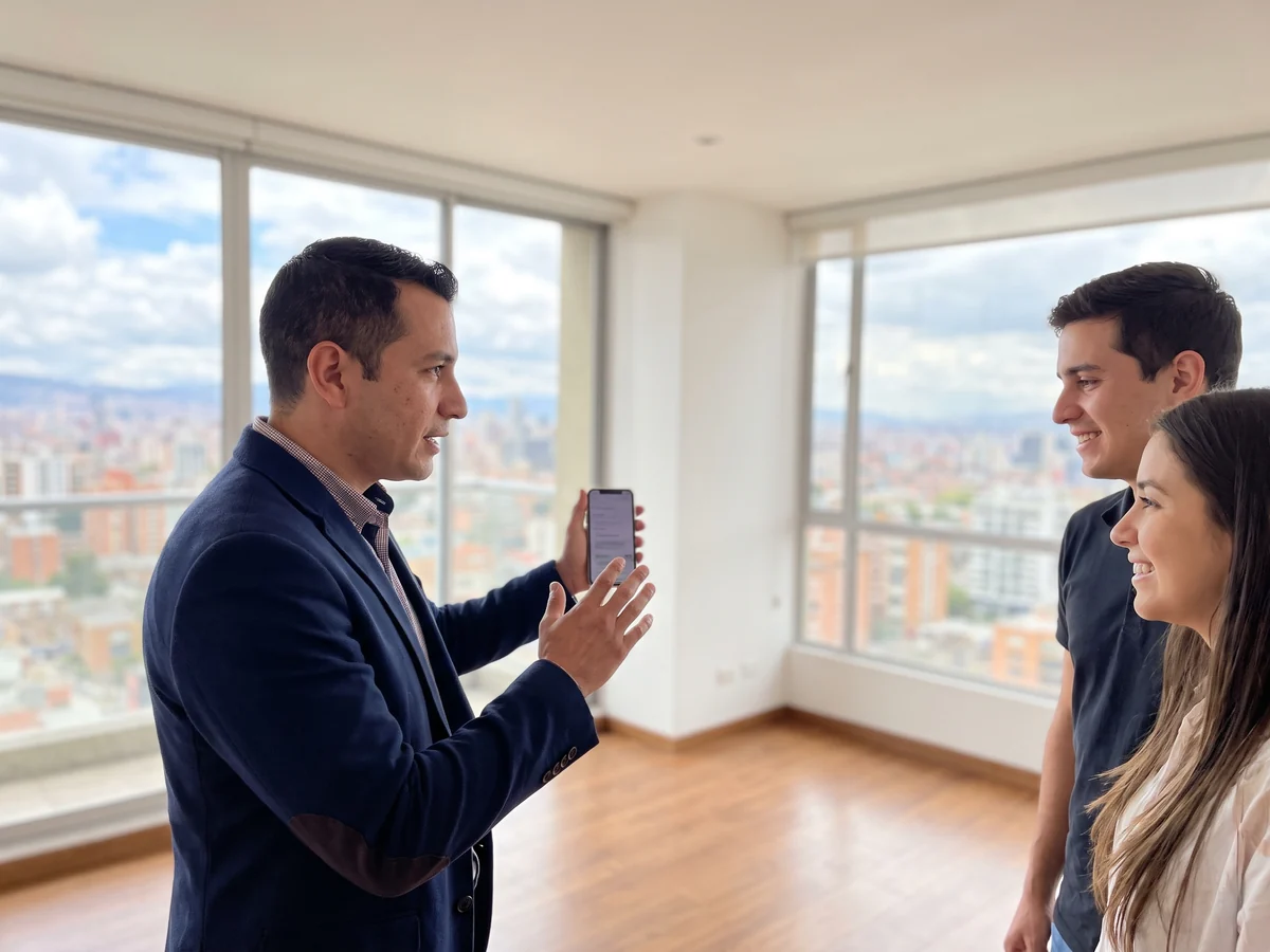 Asesora inmobiliaria mostrando un apartamento