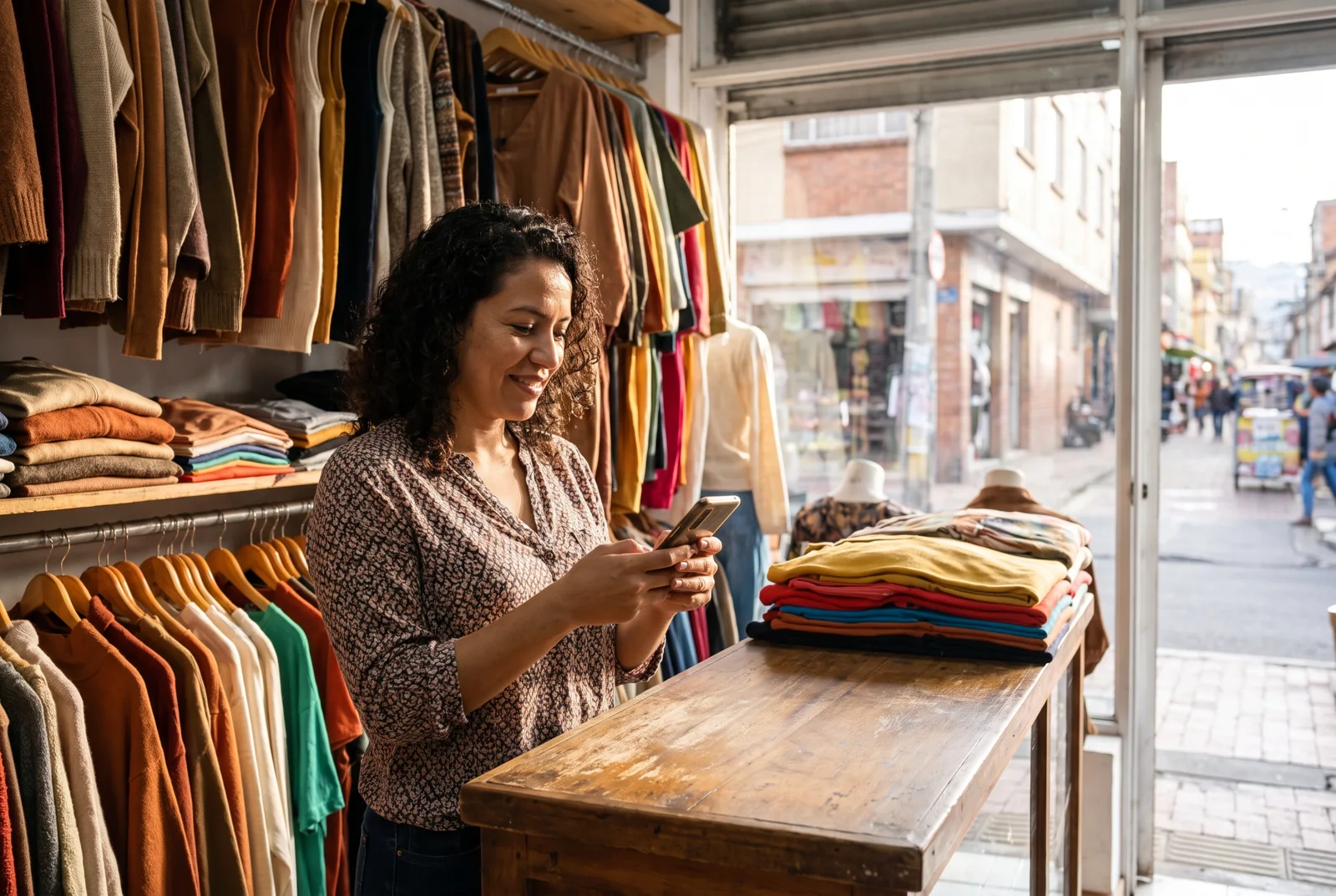 Dueña de una tienda de ropa en Bogotá leyendo la respuesta del agente de IA en su WhatsApp