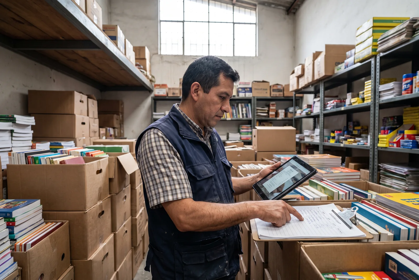Bodega de una distribuidora en Bogotá donde se verifican comprobantes de pago en una tablet