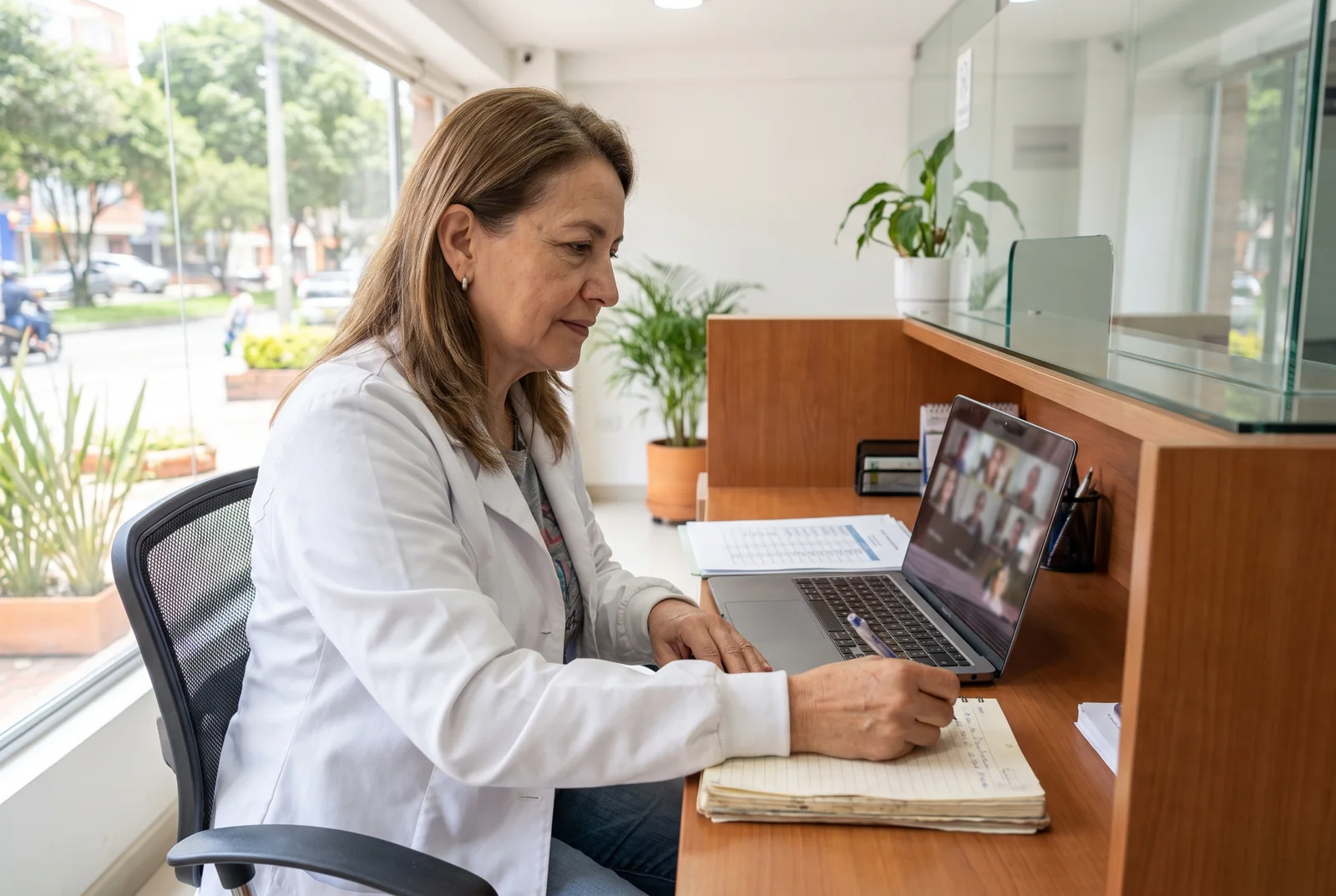Dueña de una clínica en Bogotá revisando la propuesta de Vexon en una videollamada